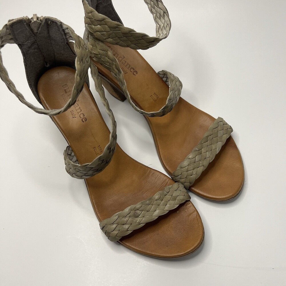 Sundance Sandal Women's US 7.5 -8 Green Brown Strappy Woven Leather Heel Shoes - Picture 13 of 16